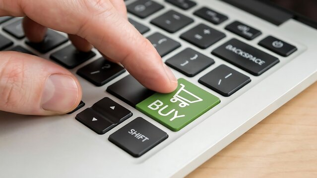 Person pressing a green buy button on a laptop keyboard