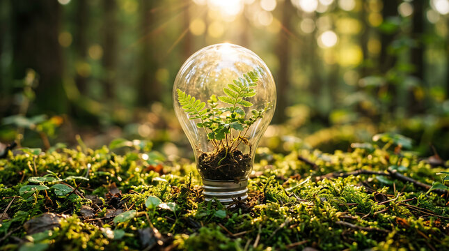 A small fern growing inside a light bulb placed on a mossy forest floor with soft sunlight filtering through the trees