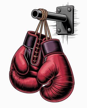Vintage style boxing gloves hang from a metal bracket against a white background.