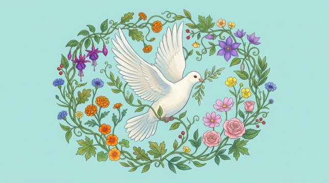 White dove surrounded by floral wreath illustration