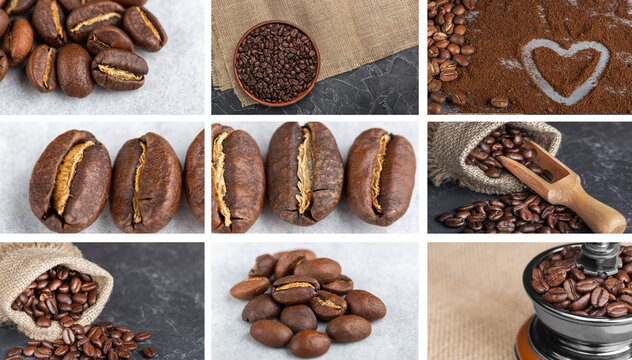 a collage of coffee beans and ground beans