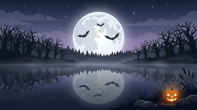 Halloween landscape with spooky forest full moon and jackolantern vector illustration