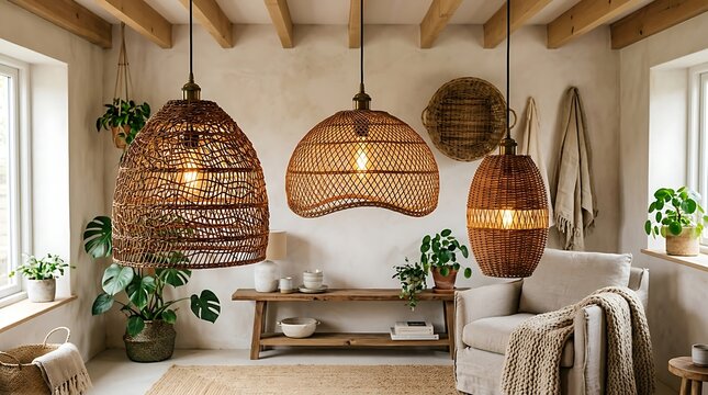 Three hanging wicker pendant lamps in a bright cozy living room with green walls and indoor plants for home design