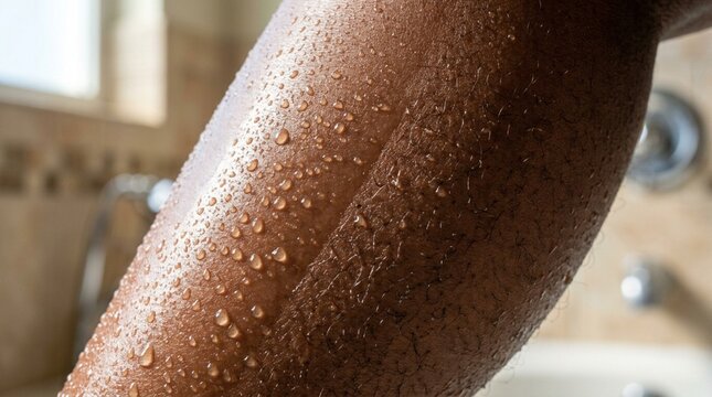 Close up of woman leg showing clear difference between freshly shaved smooth skin and unshaved hair with water droplets in bathroom.