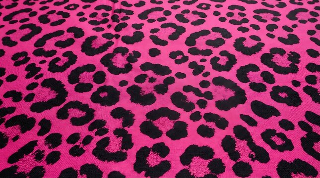 A vibrant hot pink leopard print pattern background with black spots on a soft textured fabric surface