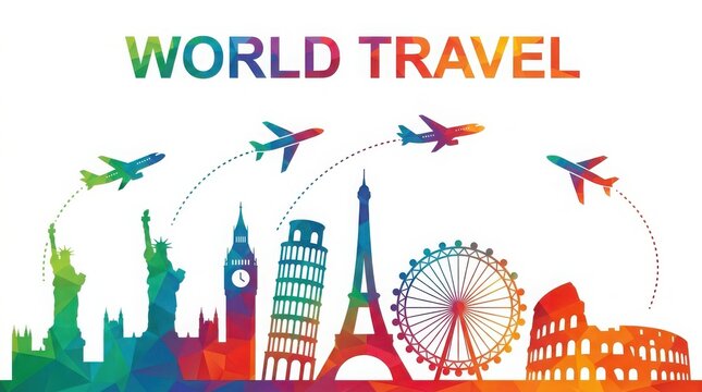 World travel banner with landmarks and airplanes