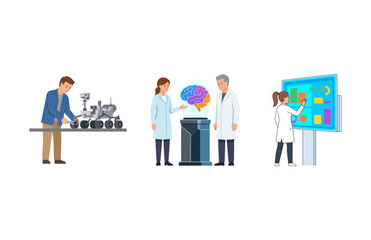 Fototapeta premium Scientists and Engineers Working on Advanced Robotic Research and Data Analysis Illustration Set