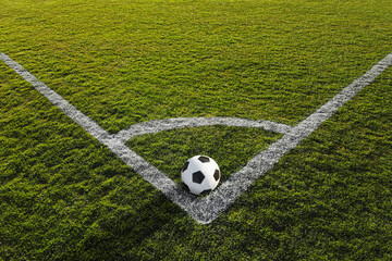 Fototapeta premium a soccer ball on the green grass on the line on corner in soccer stadium. corner kick.