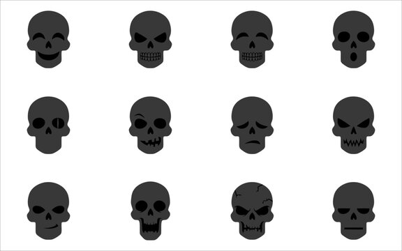 Collection of various gray skull illustrations with different expressions