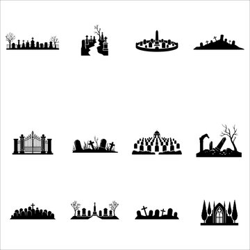 Collection of spooky graveyard and tombstone silhouettes for halloween