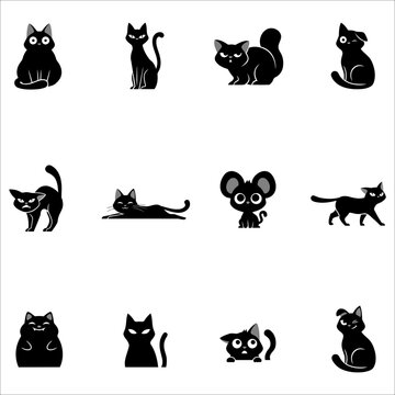 Collection of black cat and mouse silhouettes in various poses