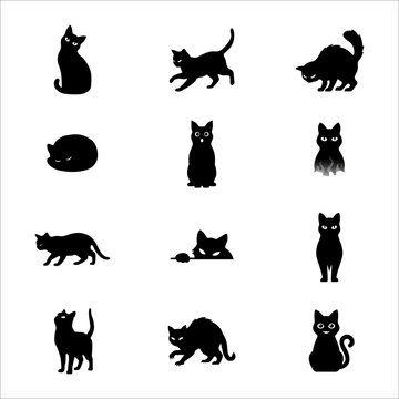 Collection of black cat silhouettes in various poses and styles