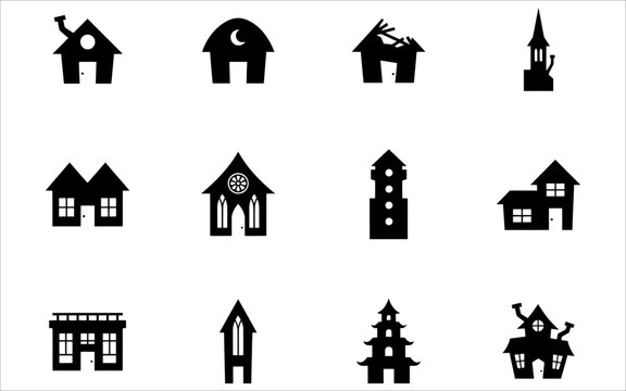 Collection of simple black silhouette house and building icons