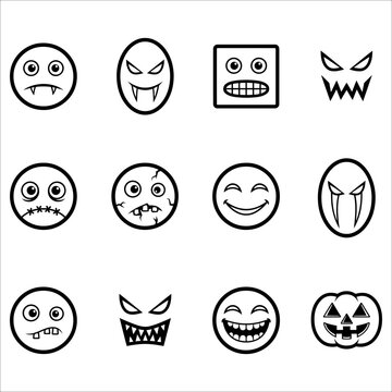 Collection of black and white cartoon face icons with various expressions