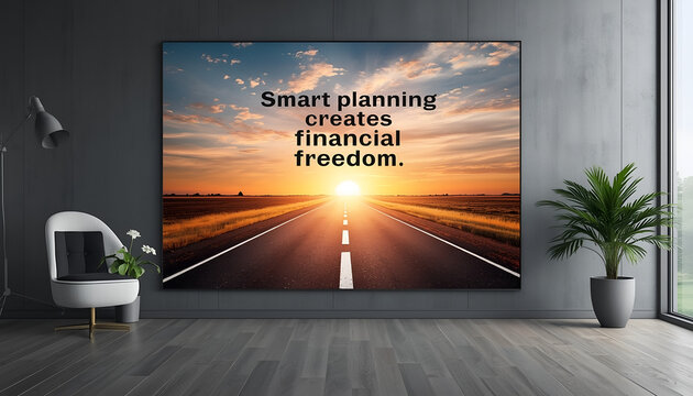 Framed wall art inside a modern office room displays a motivational quote about smart planning and financial freedom during sunset.