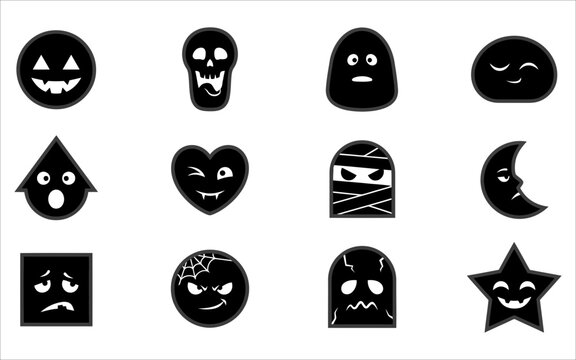 Black and white halloween shapes with spooky faces and expressions