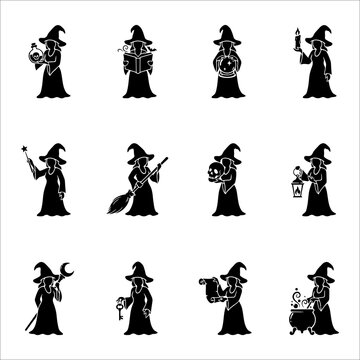 Collection of black silhouette witch characters in various poses