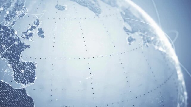 Digital globe rotation showing network connectivity and global communication flow with glowing connection lines on blue background in this seamless motion footage.