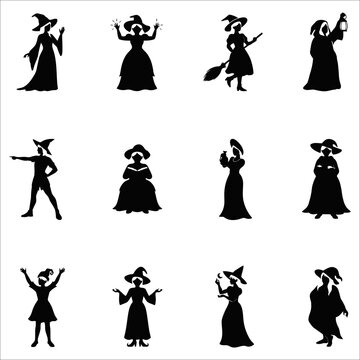 Collection of black silhouette witch characters in various poses