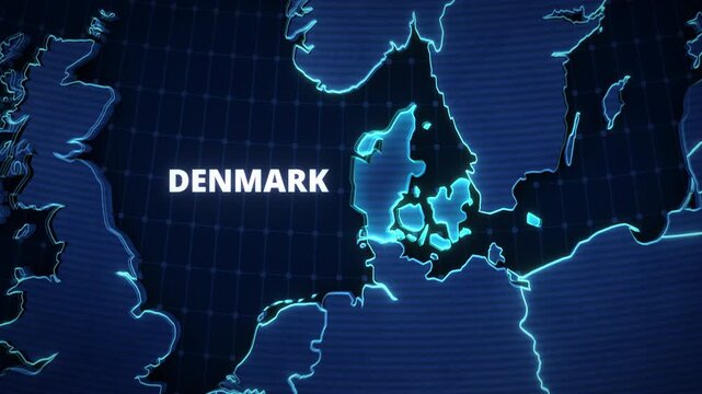 A glowing digital map animation highlighting Denmark, Europe, featuring neon outlines, a tech grid background, and country typography, designed as a broadcast opener or presentation backdrop.
