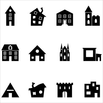Collection of black silhouette house and building icons