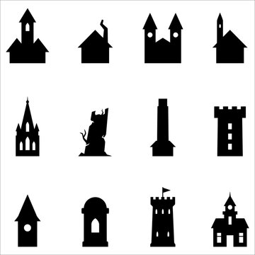Black silhouette icons featuring various architectural buildings