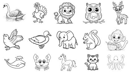 Obraz premium Cute Animal Collection Coloring Page Set Featuring Diverse Wildlife Characters with Bold Black Outlines on a Clean White Transparent Background Suitable for Childrens Activity Books