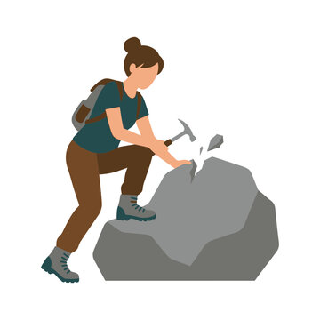 Woman Exploring Rocks with Geological Hammer for Mineral Prospecting and Hobby Collecting