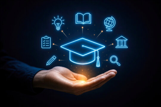 Hand holding glowing neon graduation cap with education icons book globe lightbulb magnifier pencil clipboard university learning concept for online education and knowledge transfer technology