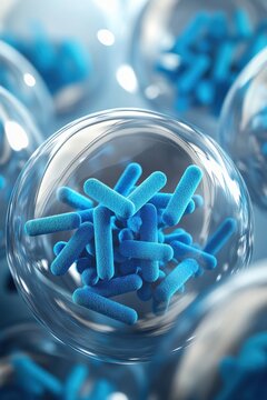 Blue rod-shaped particles clustered within a transparent sphere