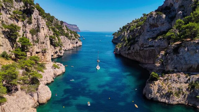 Aerial drone view of the calanques, also known as French fjords, winding bays with turquoise water among high cliffs. Provence, Alps, Cote dAzur, Marseille district, France. High quality 4k footage