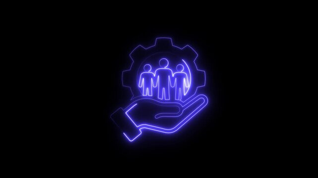 Neon blue icon of people in a gear held by a hand