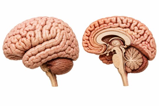 Human brain anatomy showing side view and cross section with detailed neural structures medical.