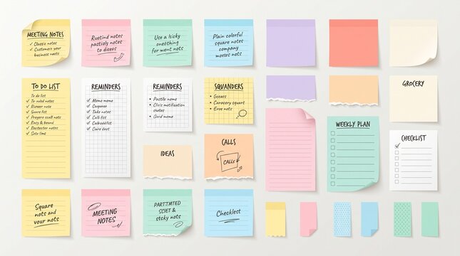 Set of colorful sticky notes, reminder memos, and memo pads with handwritten text, to-do lists, and checklists isolated on a white background. Graphic design elements for office and organiza