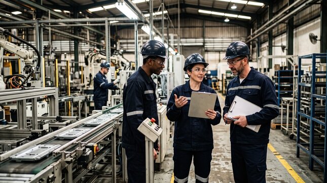 Team of factory engineers reviewing blueprints in modern industrial plant production line
