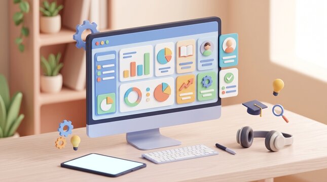 Digital Dashboard and Educational Elements: A computer screen displays a colorful digital dashboard with various charts and graphs, symbolizing data analysis and progress tracking.