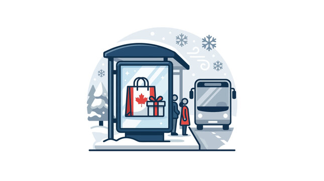 outdoor advertising, bus stop, winter transit, shopping promo, Canadian retail vector illustration