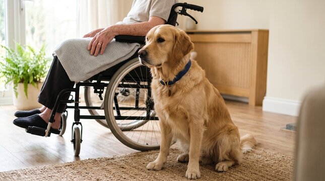 Golden Retriever sitting next to a person in a wheelchair showing companionship and support