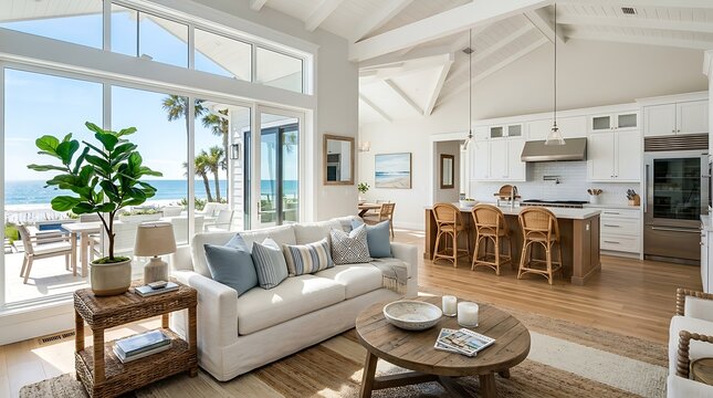 Modern open concept living room and kitchen interior with large windows and a beautiful view of the ocean beach