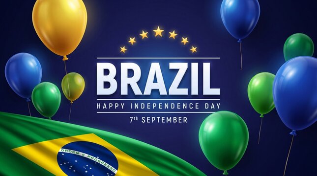 Brazil Independence Day celebration with floating balloons and national flag in vibrant party background