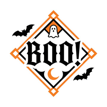 Halloween boo text design with ghost moon and bats vector illustration