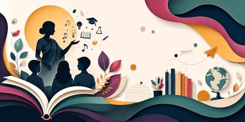 Naklejka premium Paper cut style educational banner design featuring teacher silhouette