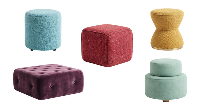 Assortment of upholstered ottomans in varied shapes and colors on transparent background ottoman footstool pouffe furniture home