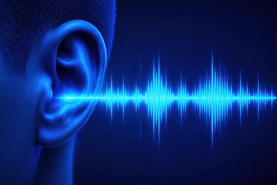 Human ear receiving digital blue sound wave frequency signal visualization in glowing concept art.