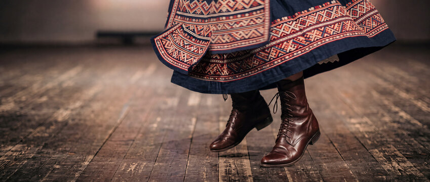 Traditional folk dancer spinning in embroidered skirt and leather lace-up boots on wooden stage