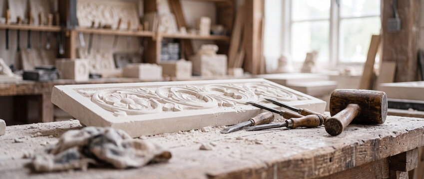 Wood carving workshop with hand-carved decorative panel and traditional chisels on dusty workbench