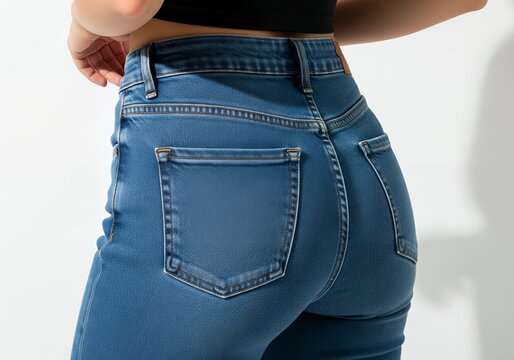 Back view close-up of a woman wearing fitted blue denim jeans and a black cropped top in a bright studio, showcasing flattering casual fashion, pockets, stitching, and modern style