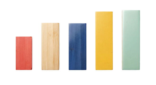 Five rectangular wooden blocks in varying colors are arranged on transparent background block prism woodgrain texture material
