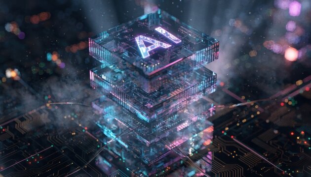 Stacked transparent cubes with glowing ai text on a circuit board