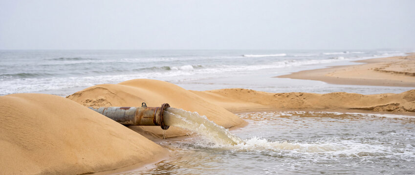 Rusty pipe discharging water onto sandy beach near shoreline during coastal sand pumping and erosion control